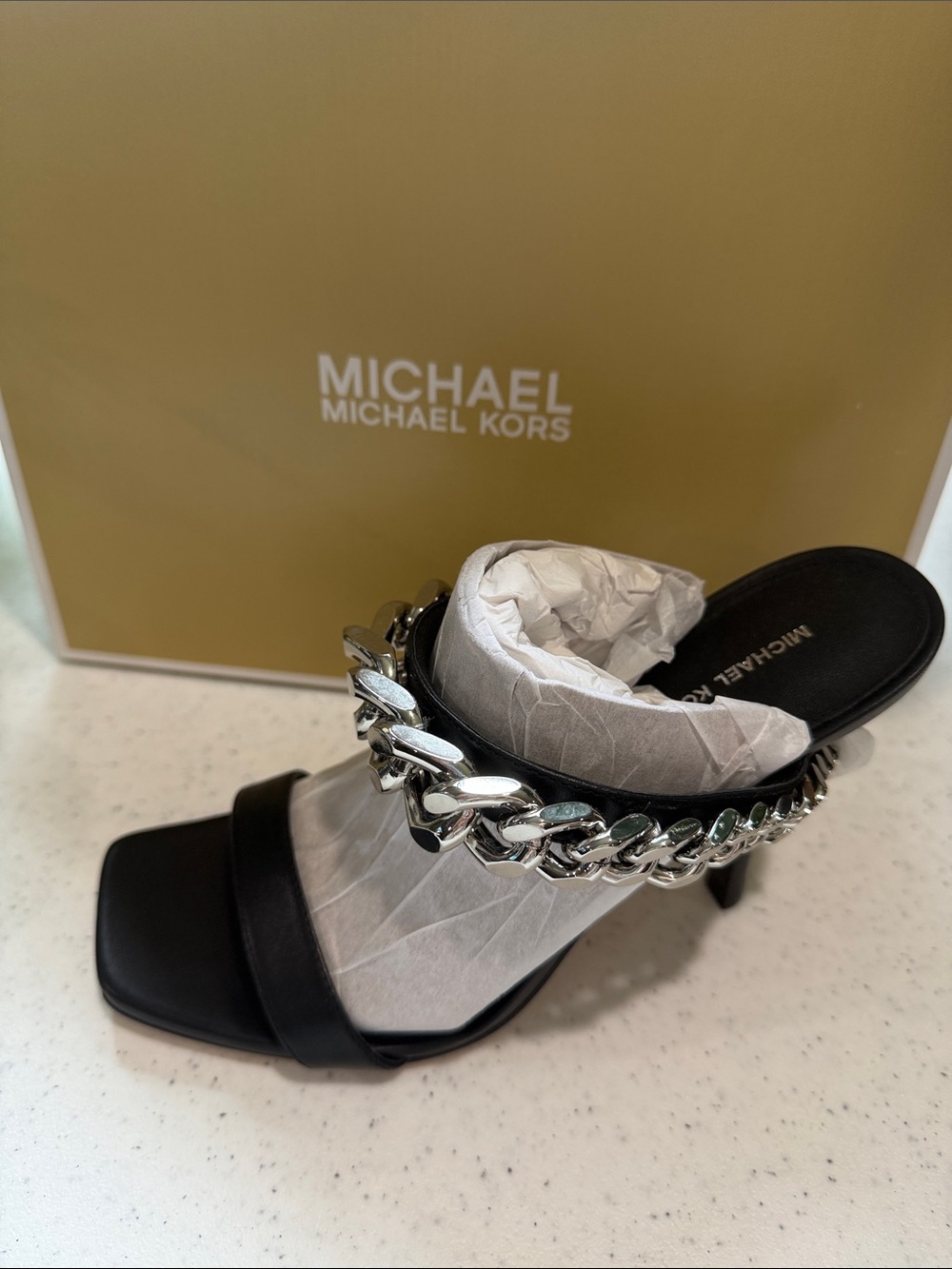 NIB Michael Kors Black Leather Chain-Trim Heeled Slide Sandals - Picture 7 of 7